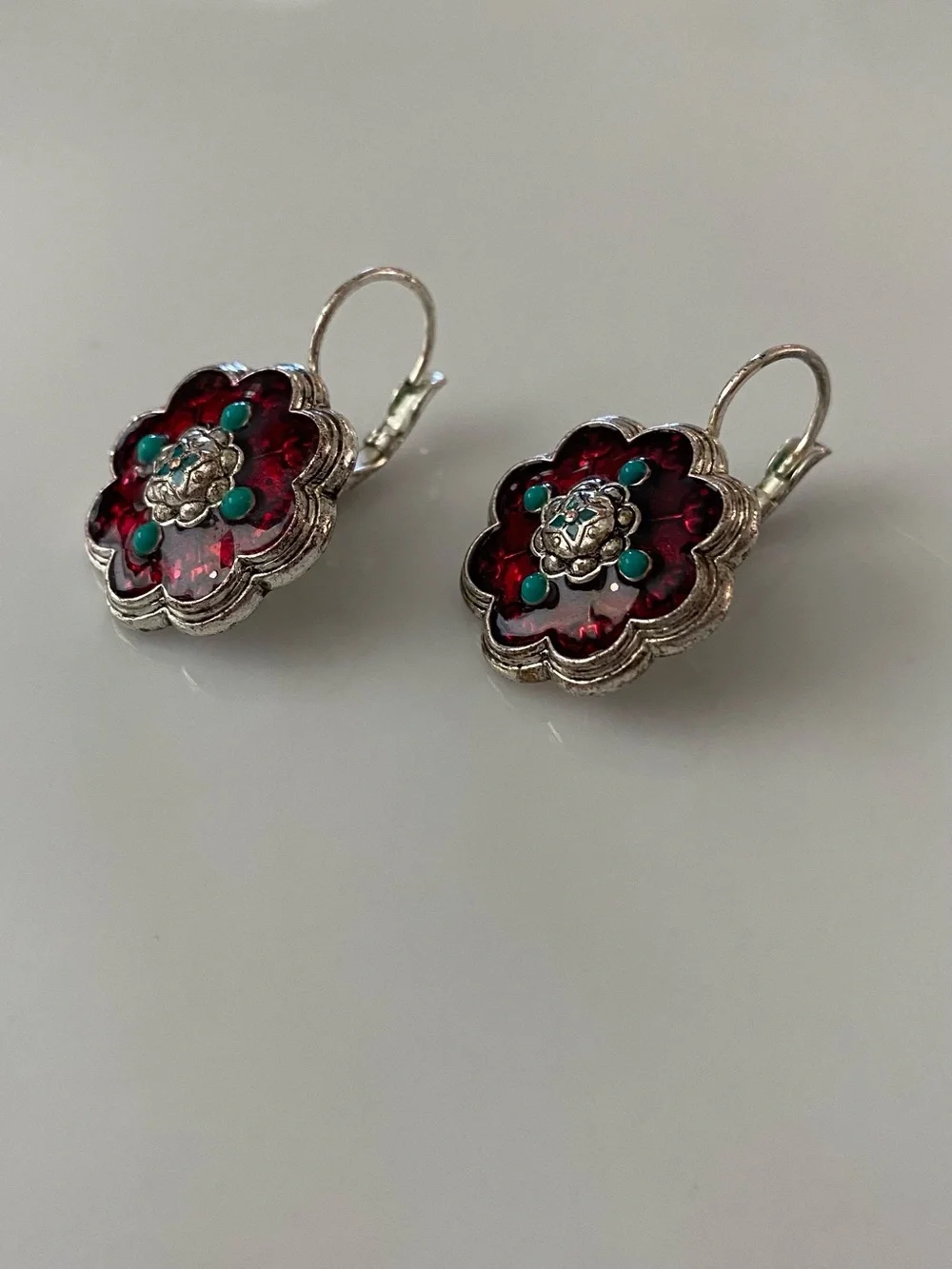 Avon Red Flower Drop Earrings with Turquoise Accents